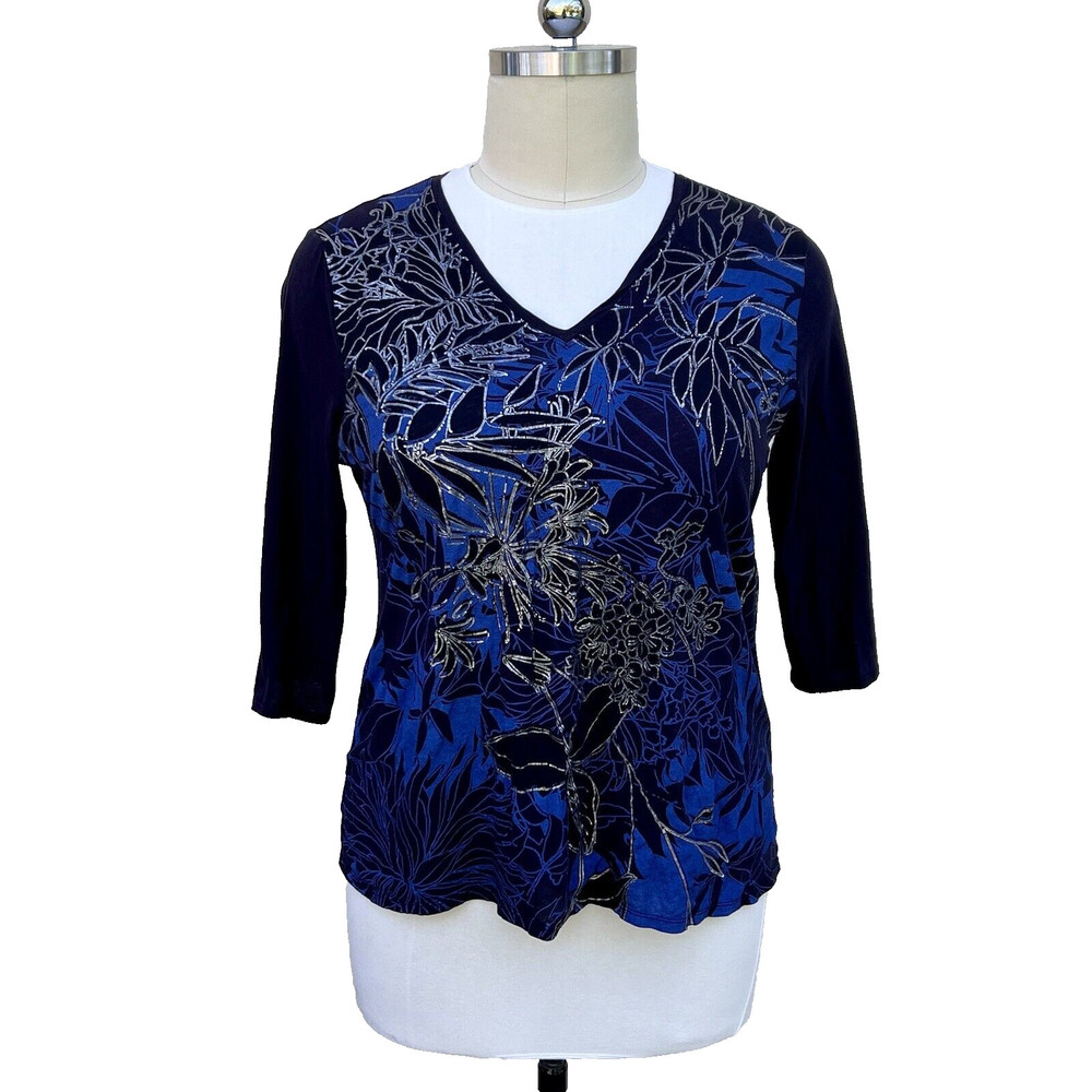 Tahari - Women's Blue, Silver Floral Chintz 3/4 Sleeve V Neck Tee Shirt 2XL